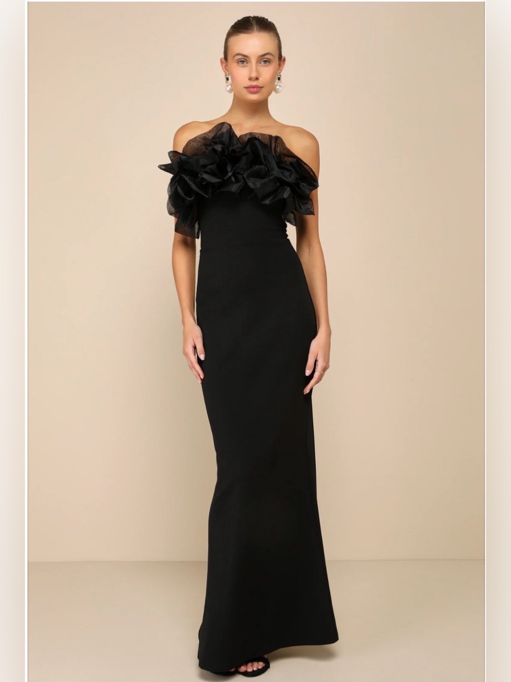 Lulu's Black Strapless Ruffle-Trim Mermaid Gown